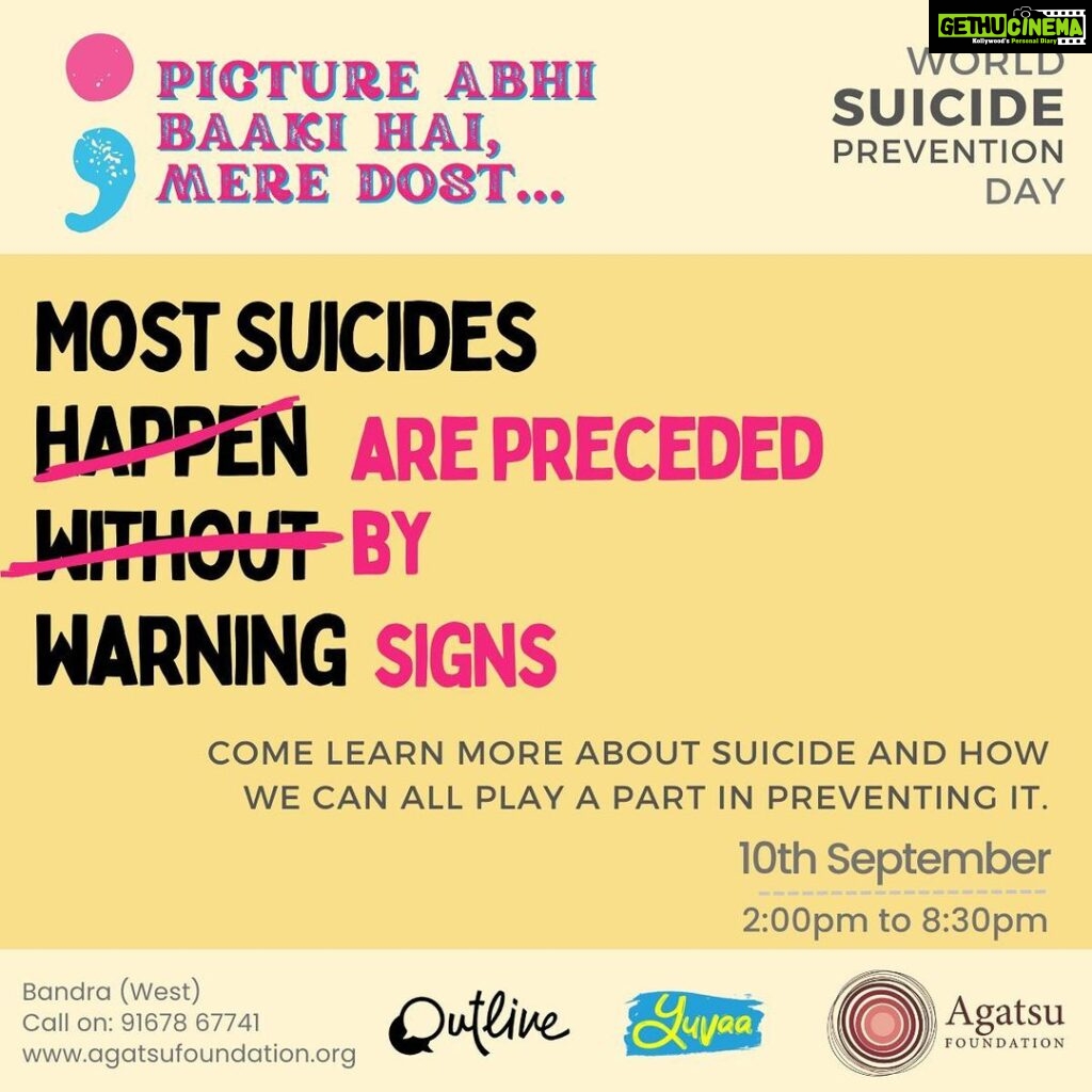 Ira Khan Instagram - This World Suicide Prevention day we will be conducting an event to bring about awareness around Suicide and suicide prevention. For more information click the link in our bio! (Sorry about the grammar error, we make mistakes too) #worldsuicidepreventionday #suicideprevention #preventable #signs #awareness #bandra #mumbai #5thseptember #goyellow #prevention #training #free #selfawareness #community #resilence #hope #communication #humanconnection #referral #helpisoutthere