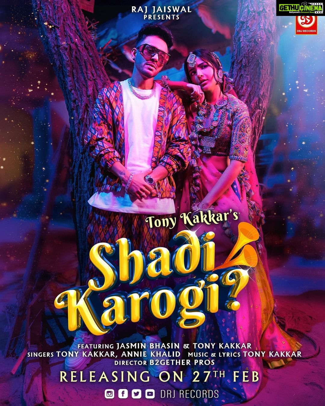 Jasmin Bhasin Instagram - This Year's Shadi Anthem is here.. DRJ Records & Raj Jaiswal Presents Tony Kakkar's Shadi Karogi? Releasing this February 27th only on @drjrecords Official YouTube Channel. Song: Shadi Karogi? Featuring: Tony Kakkar & Jasmin Bhasin Singer- Tony Kakkar & Annie Khalid Lyrics & Music : Tony Kakkar Director: B2gether Pros Producer: Raj Jaiswal Music Label: DRJ Records @tonykakkar @jasminbhasin2806 @anniecurli @b2getherpros @raj.jaiswals @drjrecords #ShadiKarogi #NewSong #TonyKakkar #JasminBhasin #drjrecords