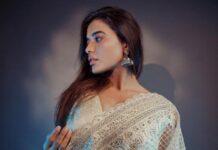 Ketika Sharma Instagram - Au clair de lune 🌗 #2 Styled by @rashmitathapa Wearing @sabaahat Jewellery @amrapalijewels Shot by @puchi.photography HMU @makeuphairbyrahul Draping @deparsalon #brotheavatar #prereleaseevent #promotional #look #whitetheme #brotheavatarfromjuly28🌀