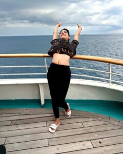 Lahari Shari Instagram - 🌊 Rise and shine! Starting my day with a refreshing stretch on this beautiful cruise, breathtakingly view, Morning bliss on the seas,  with arms wide open, my invigorating morning routine! 🙆‍♀ 🌅 There's something magical about the sea breeze and the sound of waves. 💫 Stretching in the morning not just about waking up my body, but also about embracing the beauty that surrounds me, gets my blood flowing and releases my stress. 😌 It's just one piece of my holistic morning routine to boost my health and flexibility. 💪🧘‍♂ 🌞 I sail through life on this incredible cruise. ⛵ I greet the morning sun ☀

#GoodMorning #MorningStretch #FeelTheFlow #HealthyHabits #FlexibilityGoals #Seascape #CruiseLife #SunriseVibes #MorningBliss #SeasideStretch #WellnessJourney #ImOnABoat #SailingThroughLife #EmbraceTheBeauty #HealthyLiving #Selfcare #SeasideBliss #RiseAndShine #HealthyHabits