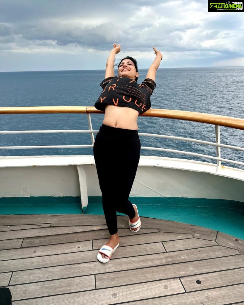 Lahari Shari Instagram - 🌊 Rise and shine! Starting my day with a refreshing stretch on this beautiful cruise, breathtakingly view, Morning bliss on the seas, with arms wide open, my invigorating morning routine! 🙆‍♀ 🌅 There's something magical about the sea breeze and the sound of waves. 💫 Stretching in the morning not just about waking up my body, but also about embracing the beauty that surrounds me, gets my blood flowing and releases my stress. 😌 It's just one piece of my holistic morning routine to boost my health and flexibility. 💪🧘‍♂ 🌞 I sail through life on this incredible cruise. ⛵ I greet the morning sun ☀ #GoodMorning #MorningStretch #FeelTheFlow #HealthyHabits #FlexibilityGoals #Seascape #CruiseLife #SunriseVibes #MorningBliss #SeasideStretch #WellnessJourney #ImOnABoat #SailingThroughLife #EmbraceTheBeauty #HealthyLiving #Selfcare #SeasideBliss #RiseAndShine #HealthyHabits