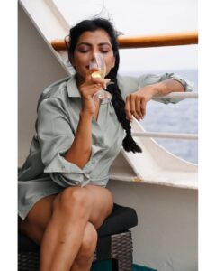 Lahari Shari Instagram - 🌊 Sippin' on wine, feeling so fine, as the ocean waves unwind, soaking up the sea vibes and sunshine 🍷🌅 Cruisin' through life, making memories that shine, watching waves unwind ✨✨ Just me, the sea, and pure tranquility 💙 Can't help but smile at this picturesque scene, Moments like these make me feel so blessed 🥰💫 Photographer : @troyphotographyofficial #SeaSips #WineTime #BeachBabe #ChillVibes #SerenityNow #CheersToTheGoodLife #SeasideSerenade #WineNot #BeachBumming #SavoringTheMoments #BlissfulEscape #WineAndViews #ChillinByTheOcean #TakingInTheTides #RelaxationModeActivated #CheersToLife #SoulfulSundown #BeachsideBliss #CruiseLife #Seascape #Blessed #SailingAway #SeaLover #ChillinOnACruise #CruisingThroughLife #OceanViews #MakingMemories #BlissfulVibes #SailAwayWithMe