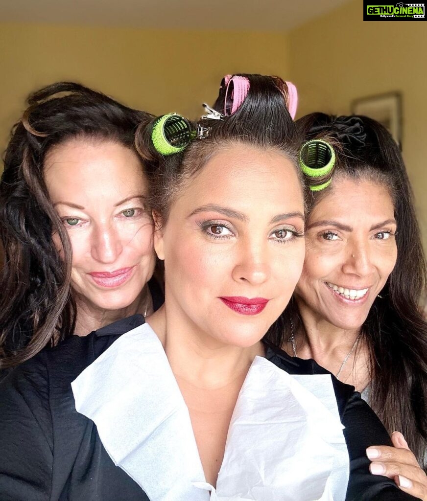 Lara Dutta Instagram - A before and after with these two crazy mavericks!! Both drive me cuckoo bananas but are the best girls to be flanked by!! 😘😘. @nikolettaskarlatos @clarabellesaldanha #setlife #londondiaries #film #blessed #makeup #hair