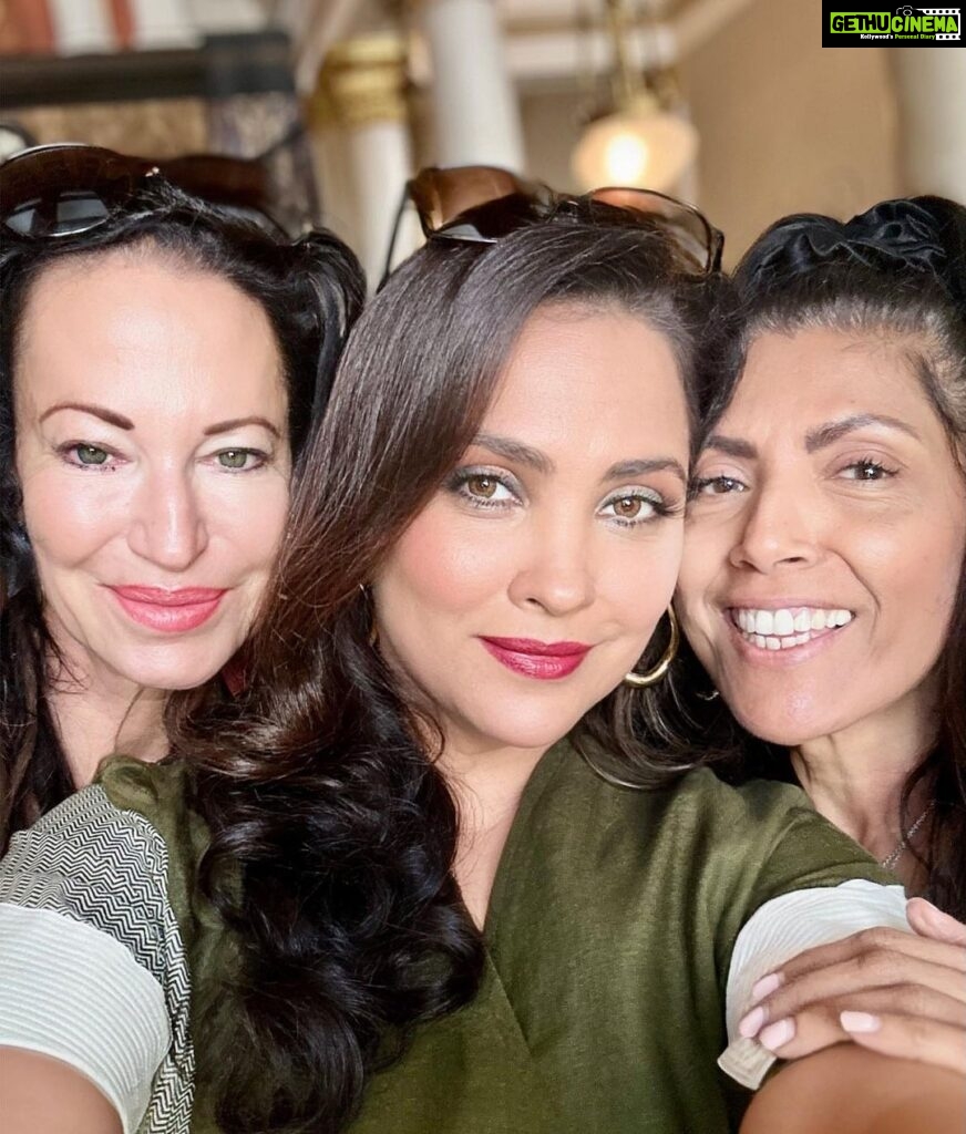 Lara Dutta Instagram - A before and after with these two crazy mavericks!! Both drive me cuckoo bananas but are the best girls to be flanked by!! 😘😘. @nikolettaskarlatos @clarabellesaldanha #setlife #londondiaries #film #blessed #makeup #hair