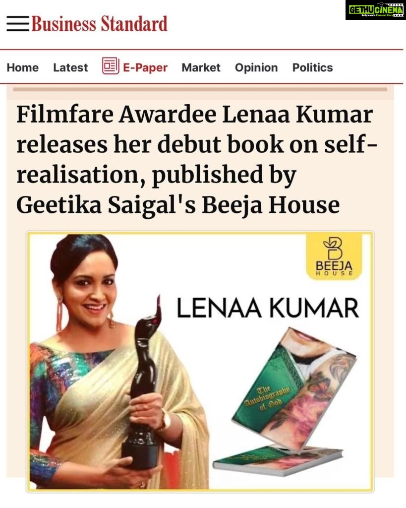 Lena Kumar Instagram - Have you got your copy of my latest book “The Autobiography of God” ? Thank you @gstorytime for your support @beeja_house Available now on Amazon shopping . Link in bio @theautobiographyofgod @business.standard https://www.business-standard.com/content/press-releases-ani/filmfare-awardee-lenaa-kumar-releases-her-debut-book-on-self-realisation-published-by-geetika-saigal-s-beeja-house-123091301067_1.html #spirituality #Consciousness #mentalhealth #selflove #selfrealization #leadership #wakingup #book #autobiography Earth
