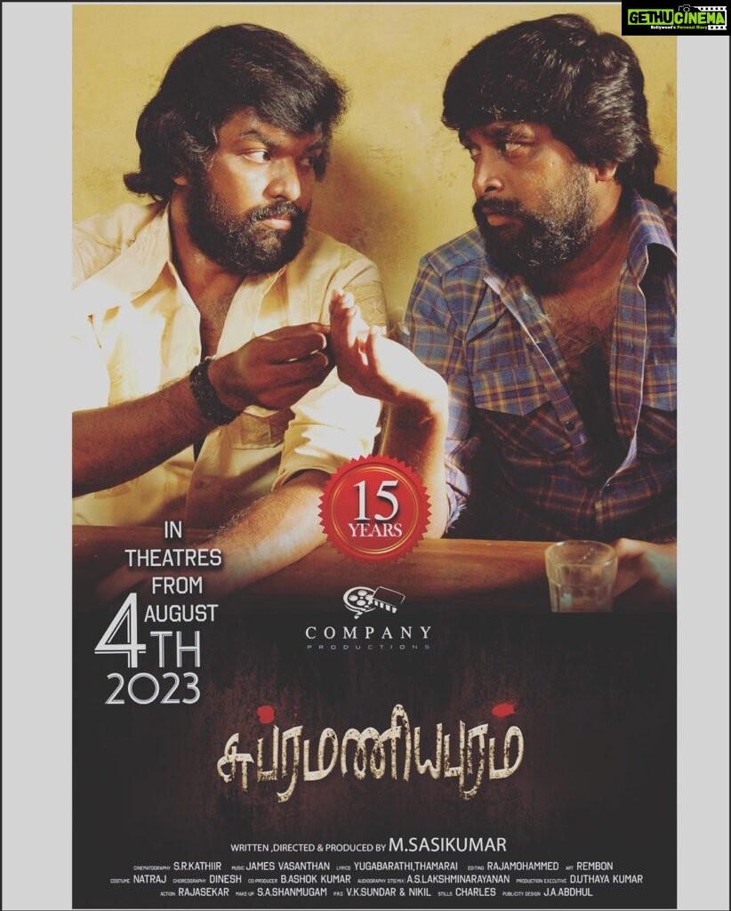 M. Sasikumar Instagram - It is #15YearsOfSubramaniapuram and we have a surprise for you ! ♥️ Stay tuned for a brand-new trailer of #Subramaniapuram releasing on @SonyMusicSouth at 10AM tomorrow! In cinemas from August 4th! 😊 @actorjai @swati194 @thondankani @Vasanthan_James @srkathiir @onlynikil