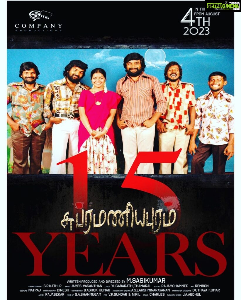 M. Sasikumar Instagram - Re-release of #Subramaniapuram in theaters all over Tamil Nadu on August 4, 2023. Relive the experience once again #15yearsofsubramaniapuram #ReReleaseAug4 @thondankani #jai @swati194 @onlynikil #Azhagar #paraman #thulasi #kanagu #kasi