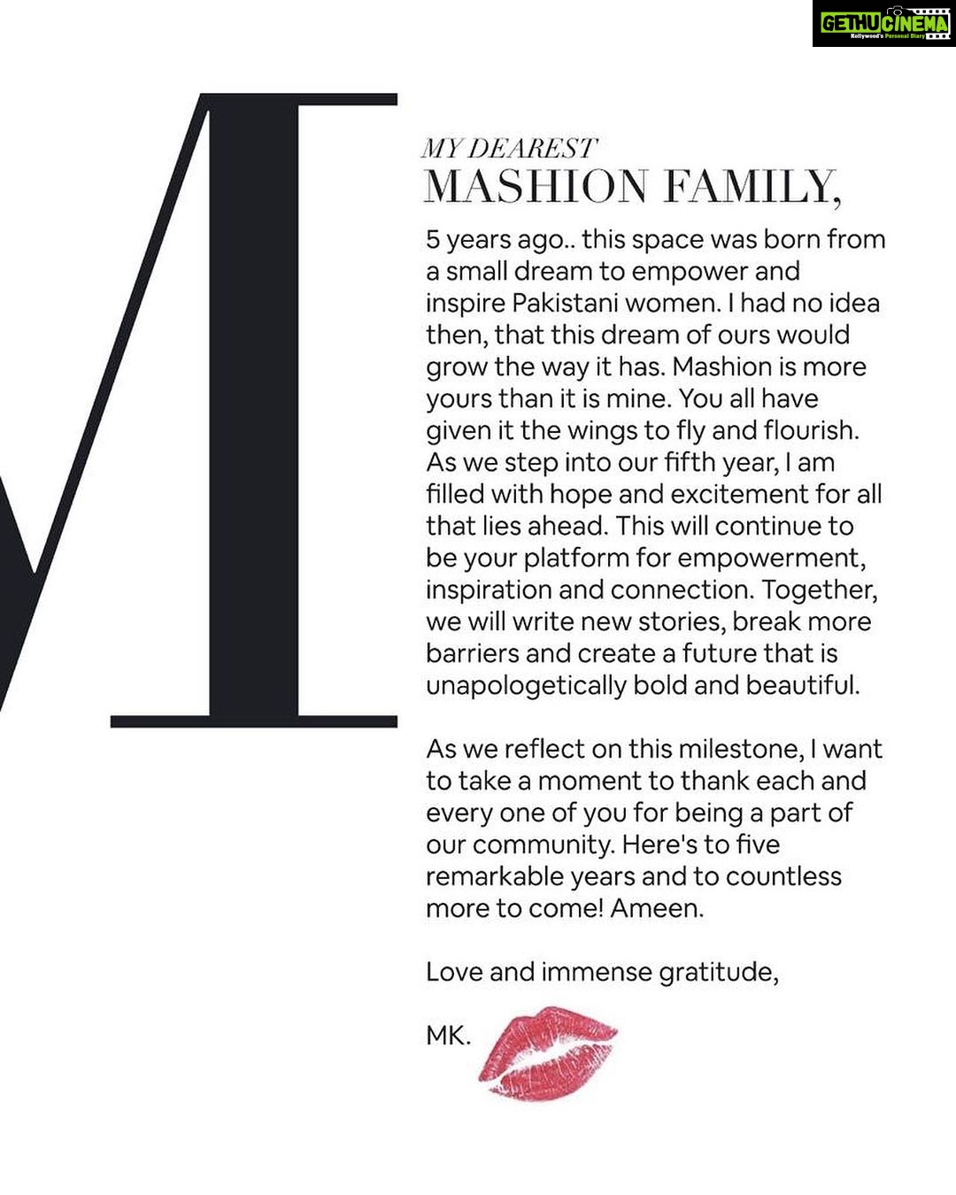 Mahira Khan Instagram - Itβs our BIG FIVE ππ€ Keep watching this space for an entire week of celebrations, giveaways and exclusive content! π« #Mashion #TheBigFive #FiveYearsOfMashion #BirthdayWeek #MahiraKhan