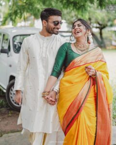 Meera Nandan Instagram - Love, arranged to perfection!

From a matrimonial site to the promise of forever, Meera and Sreeju have come a long way. After the state where parents talk among themselves, Sreeju flew from London to Dubai to meet who would become the most important person in his life; his partner for eternity and beyond. The rest of the story goes like any other, yet rich in its uniqueness – they meet, they fall in love, and they decide to spend the rest of their lives together.

Here’s to being newly engaged!🥂
.
.
.
Photographer: @lightsoncreations 
Makeup: @unnips 
Styled by: @styledbysmiji 
Jewellers: @amaera_jewels
.
.
.
#weddingphotography #engagementphotography #engagementphotos #meeranandan #meeranandanengagement #celebritywedding #celebrityengagement #celebrityweddingphotographer #celebrityweddingphotography #celebritiesofkerala #keralaweddingstyles #malayalammovies #malayalamactress #keralaactress #keralacelebrity #influencerwedding #weddingphotoinspiration #keralaweddingstyles #lightsoncreations #studioloc #teamloc