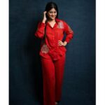 Megha Akash Instagram - Ravanasura promotions ♥️ Styled by @officialanahita Outfit: @gulaalindia Pic: @infini8stories #red #love #workmode