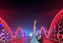 Misha Ghoshal Instagram - The inner child in me got way too excited seeing this bridge 🥺❤️ pure love and joy #colors #lighting #nightlife #chennai #bridge #marinabeach Napier Bridge, Marina Beach , Chennai