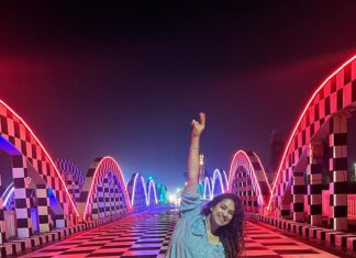 Misha Ghoshal Instagram - The inner child in me got way too excited seeing this bridge 🥺❤️ pure love and joy #colors #lighting #nightlife #chennai #bridge #marinabeach Napier Bridge, Marina Beach , Chennai