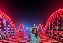 Misha Ghoshal Instagram - The inner child in me got way too excited seeing this bridge 🥺❤️ pure love and joy #colors #lighting #nightlife #chennai #bridge #marinabeach Napier Bridge, Marina Beach , Chennai