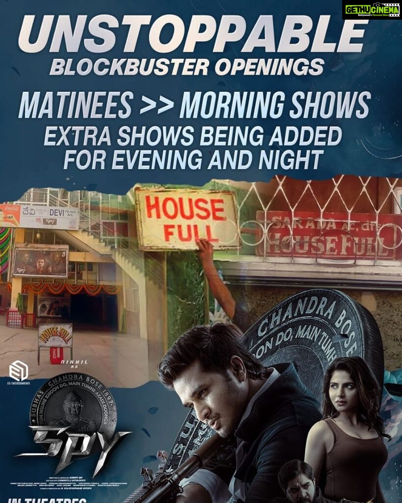 Nikhil Siddhartha Instagram - BLOCKBUSTER 💥 SPY Matinees are on fire with Extra shows added , packed houses, and soaring footfall! 🔥🔥 #SPY in Cinemas Now 🔥 Book Now : Book My Show: https://bit.ly/SPY-Bookmyshow Paytm : https://bit.ly/SPY-Paytm #IndiasBestKeptSecret 🇮🇳 @actor_Nikhil @Garrybh88 @Ishmenon @tej_uppalapati @anerudhp #Edentertainments #KRajashekarreddy