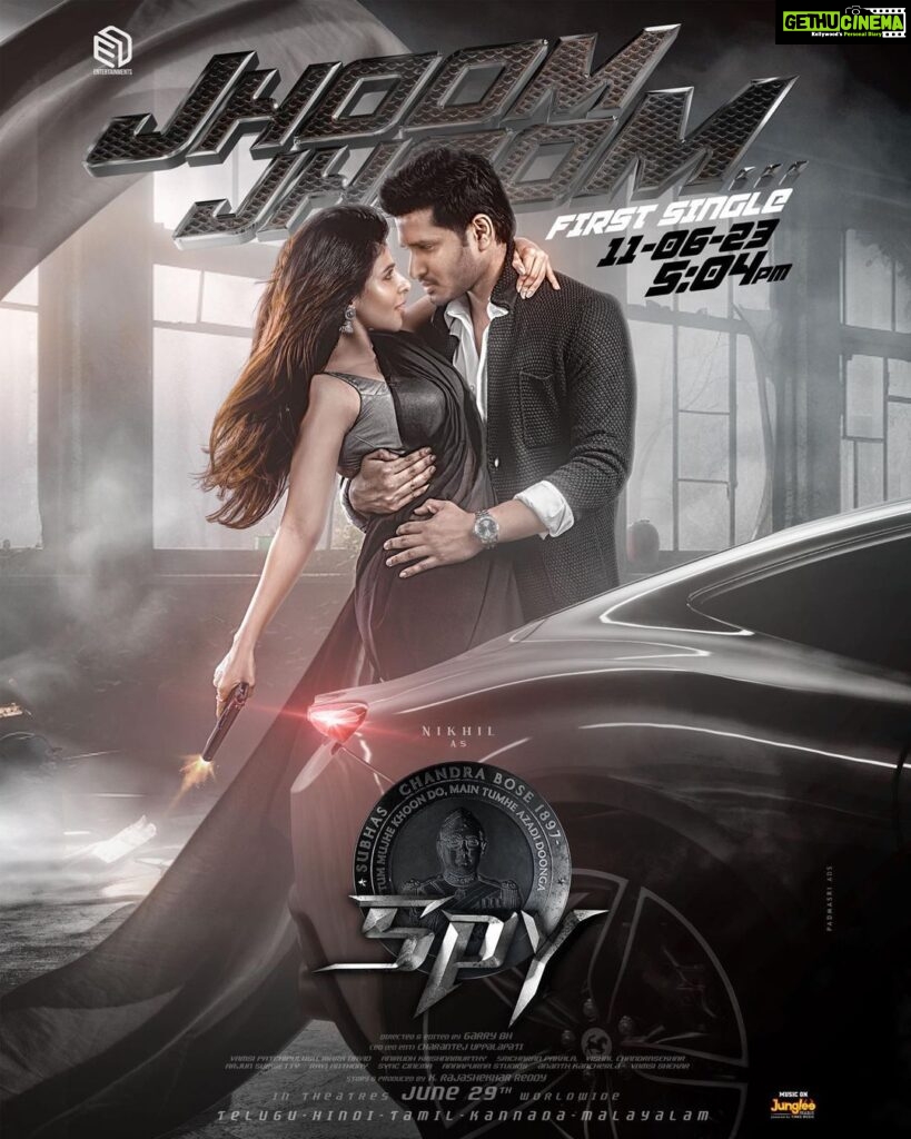 Nikhil Siddhartha Instagram - One of my most favourite posters everrrrrr 🖤 Our first single #jhoomjhoom releasing at 5.04 pm today! 🫶🏼 #SPY releasing worldwide this June 29th 🥰