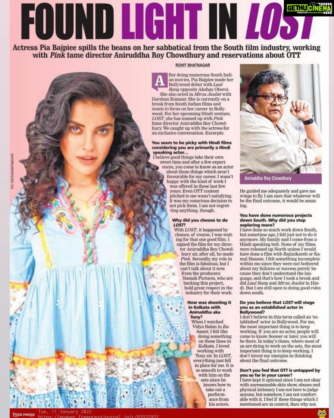 Pia Bajpiee Instagram - Thank u so much @iamrohitbhatnagar @freepressjournal 😁🙏 @aniruddhatony @namahpictures ✌️❤️