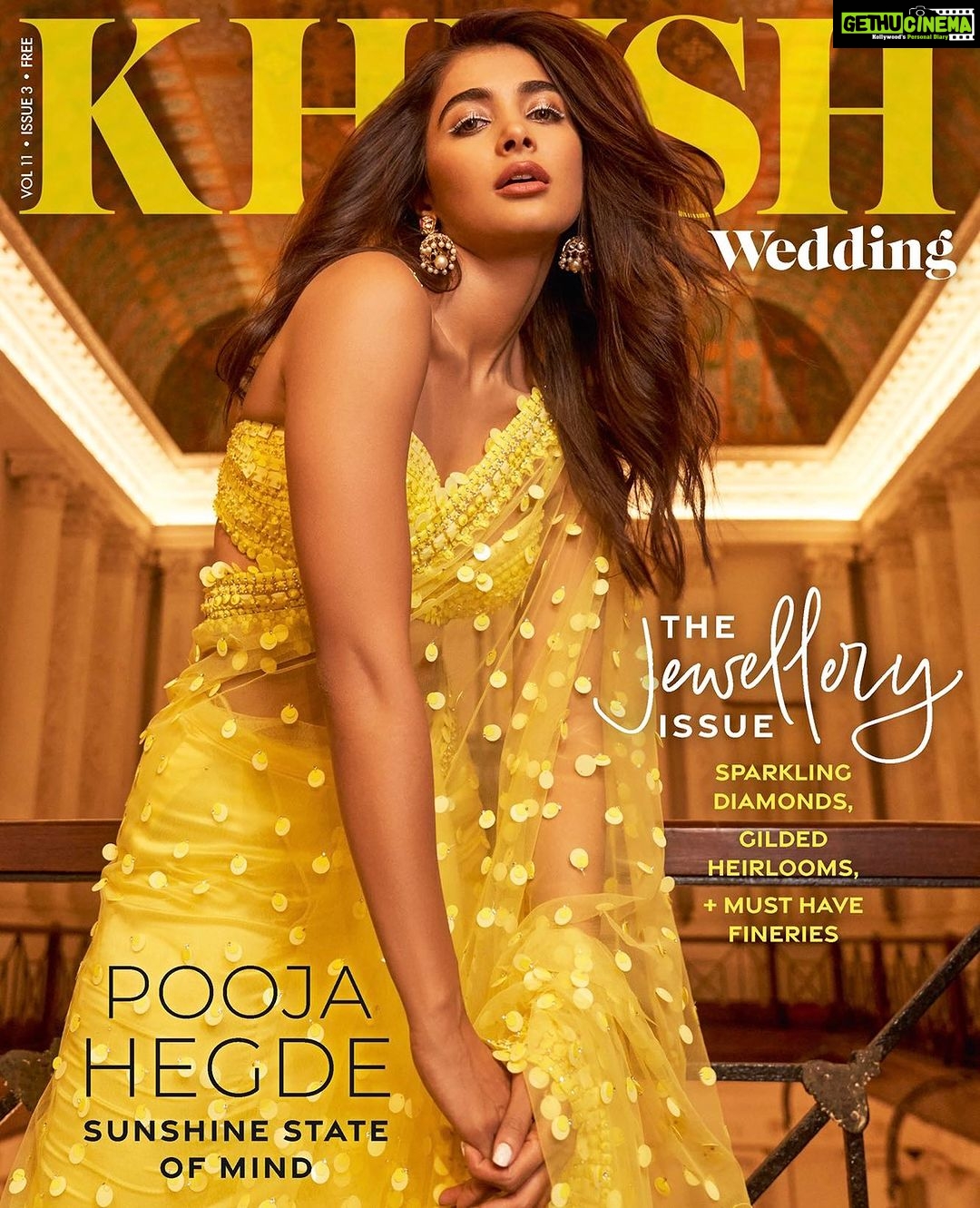 Pooja Hegde Instagram - Embracing her sunshine state of mind, Pooja Hegde @hegdepooja transforms into a neo-pop bride for Khush Weddingβs #DigitalIssue. In a candid conversation with us, the Pan-Indian actor dives deep about Indian cinema, fashion and her love life. π Download your FREE copy now to see the full story and inspiration for all things wedding! Pooja wearing all wardrobe: @seemagujraldesign All Jewellery: @parekh_ornaments ββββββββββββββ Editor-in-chief: @sonia_ullah Photography: @madetart Creative Director: @mannisahota_ Fashion Editor: @vikas_r Concept & Styling: @tanishqmalhotraa Makeup: @kajol_mulani Hair: @suhasshinde1 Interview: @suhani_lotlikar Production Coordination: @tript_dhawan Videography: @angadbhatia Location: British Residency, Hyderabad Styling Assistant: @thestylethesaurus_, Nastaran Shirazi Artist's PR: @TreeshulMediaSolutions #poojahegde #indianbride #saree