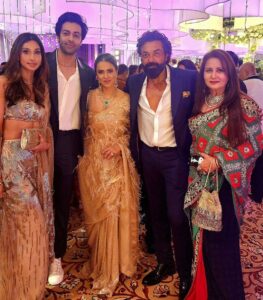 Poonam Dhillon Instagram - Good to see my  Friend & Colleague @iamsunnydeol  after ages on the  joyous occasion of his son's wedding celebrations. Congratulations  and Loads of Happiness to the lovely couple @imkarandeol & @drishaacharya . Great to attend the reception with both my bachaas @anmolthakeriadhillon @palomadhillon .