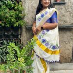 Poornima Bhagyaraj Instagram – Happy Onam to one and all. Dress up in this festive season in the traditional attire . Thank you @muralpriya  for this exquisite hand painted set mundu. I absolutely love it. Unusual shades of royal purple matched with a beautiful patchwork blouse in violet brocade by @poornimas_store and photos by my darling @kikivijay11