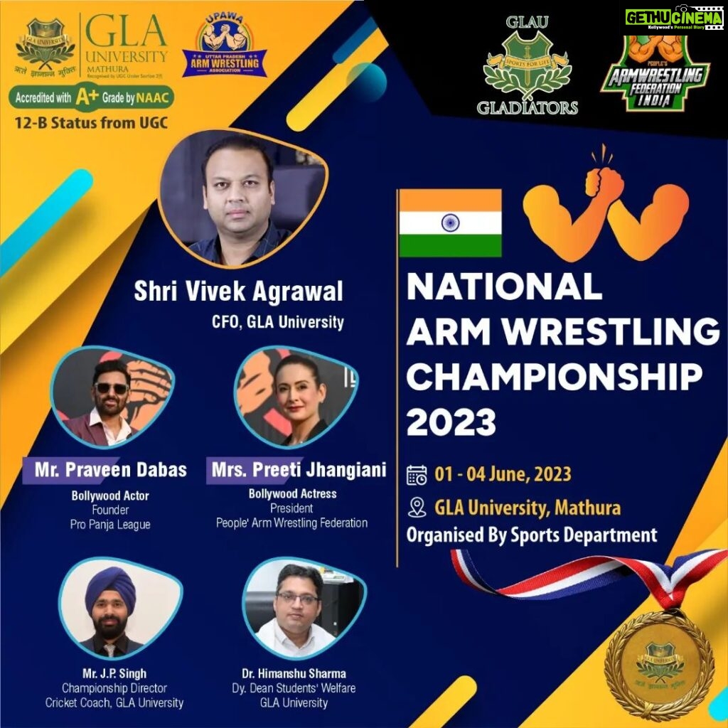 Preeti Jhangiani Instagram - The National Armwrestling & Para Armwrestling Championship 2023 is being organised by Uttar Pradesh Armwrestling Association under the Aegis of People's Armwrestling Federation India from 1st to 4th June, 2023. The Armwrestling Championship will take place at the @glauniv, Mathura. This will also serve as the selection of Indian Team for World Armwrestling Championship 2023 in Kazakhstan and Open Asian Armwrestling Championship 2023 in Uzbekistan PAFI President- @jhangianipreeti PAFI General secretary- @laxman_singh_bhandari #PAFI #PAFInationals #GLAuniversity GLA University Mathura