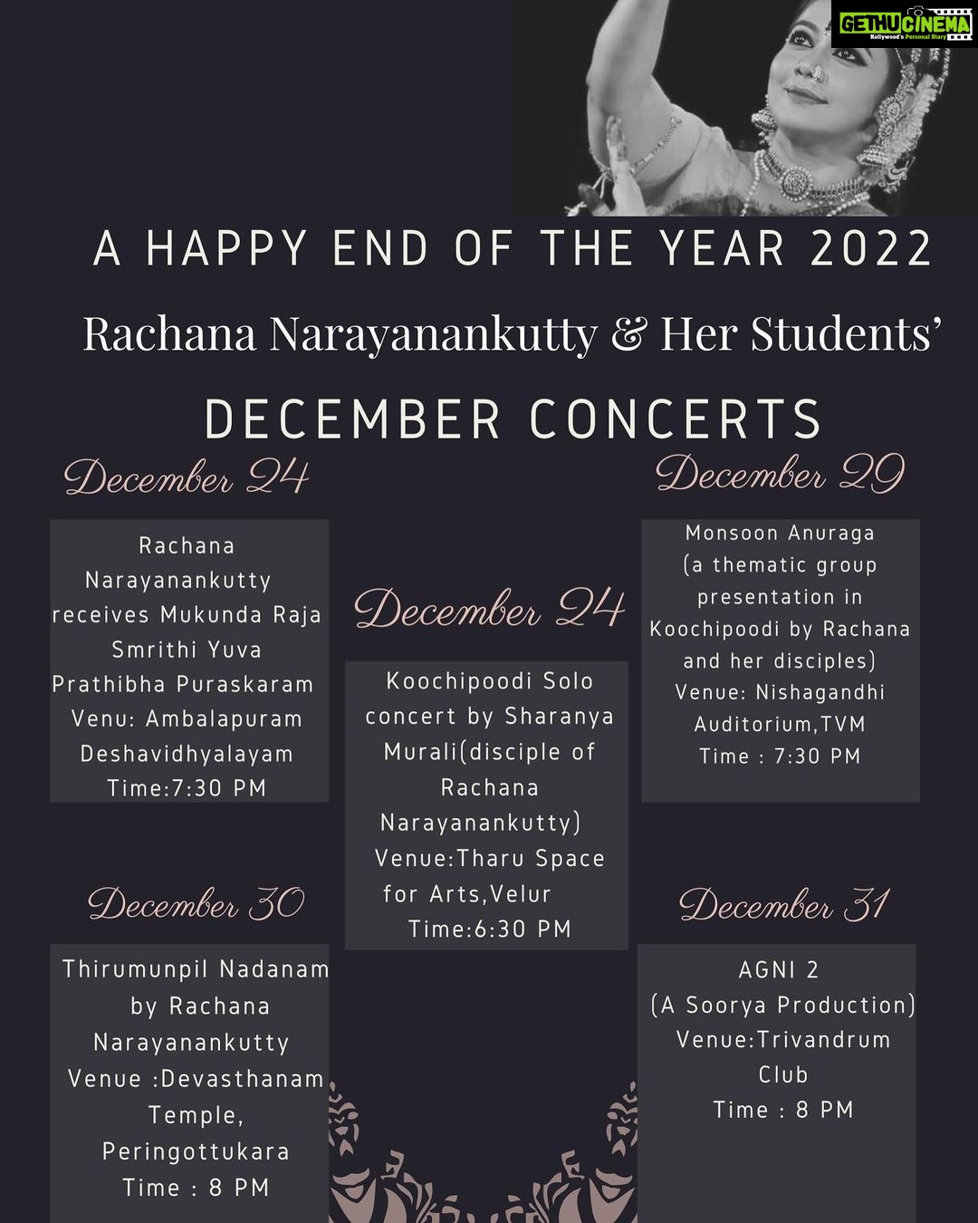 Rachana Narayanankutty Instagram - സദ്ഗുരുഭ്യോ നമഃ സ്നേഹിതരേ നാളെ(24/12/2022)വൈകീട്ട് 6:30 ക്ക് എന്റെ പ്രിയ ശിഷ്യ ശ്രീ ശരണ്യ മുരളിയുടെ കൂച്ചിപ്പൂടി കച്ചേരി തരു സ്പേസ് ഫോർ ആർട്സിൽ വച്ചു നടക്കുന്ന വിവരം സന്തോഷത്തോടെ അറിയിക്കുന്നു. കൂടുതൽ വിവരങ്ങൾ ബ്രോഷറിൽ(സ്വൈപ് ലെഫ്റ്റ്) നിന്ന് അറിയാനായി സാധിക്കും . കാണാൻ വരുമല്ലോ ! 🙏 സ്നേഹത്തോടെ @srishtibyrachana & @saranyamuralii (വിഡിയോ : നാളെ അവതരിപ്പിക്കുന്ന, ആദിമ താളങ്ങളെ ഉൾപ്പെടുത്തിക്കൊണ്ടുള്ള ബ്രഹ്മ കൗത്വം എന്ന നൃത്യത്തിൽ നിന്നുള്ളത് ) Sadgurubhyo Namah Dear Friends I am happy to inform you that, tomorrow(24/12/2022) evening, at 6:30 PM my dear disciple Shri Sharanya Murali's Koochipudi concert will be held at Tharu Space for Arts. More information can be obtained from the brochure(swipe ലെഫ്ട്) Please come and grace the occasion 🙏 With love @srishtibyrachana & @saranyamuralii (VIDEO: From Brahma Kautvam, a dance featuring indigenous rhythms which would be performed tomorrow)