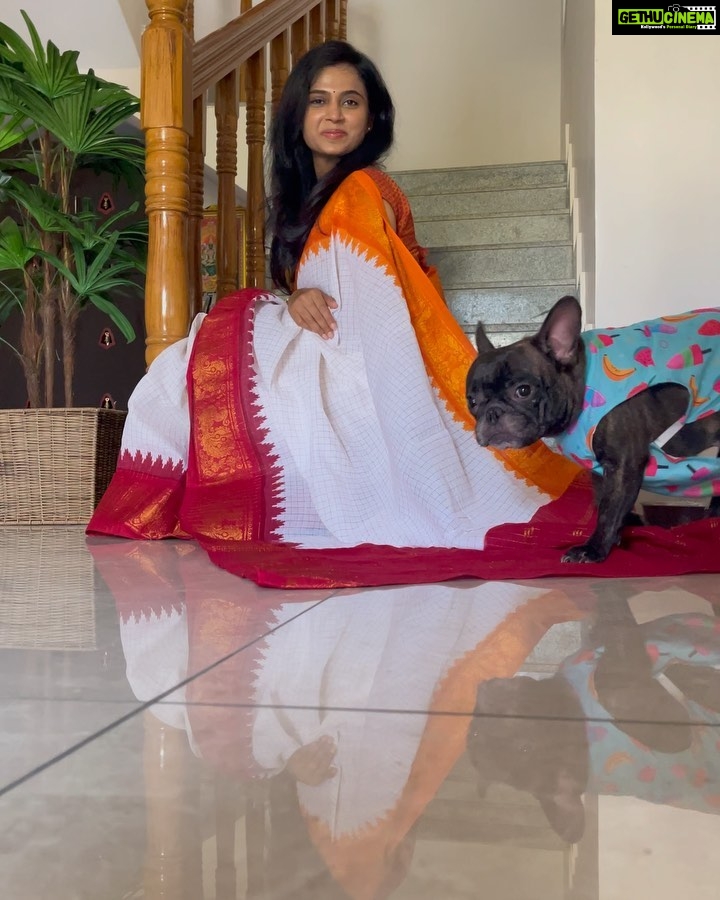 Ramya Pandian Instagram - I had no inkling that my bond with puppies will become so intact until this bomb of love barged into my life ♥️… Her innocent face, the way it misses my absence, welcoming me home, it’s clingy nature, even my kindred cannot dare to touch my possession is the extent of her guardianship, her demeanor in becoming my bed-sharer, I can go on and on but stopping it here for the sake of stopping. In a nutshell, she is an epitome of endearment and an affable companion 🐶… Feeling head over heels in love. Thanks for bringing her home, into my life♥️ and vice versa😜 @sundari_designer #chanel #myamuluuuus #frenchie