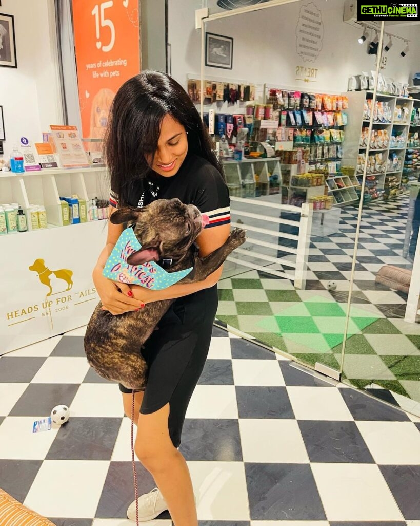 Ramya Pandian Instagram - I had no inkling that my bond with puppies will become so intact until this bomb of love barged into my life ♥️… Her innocent face, the way it misses my absence, welcoming me home, it’s clingy nature, even my kindred cannot dare to touch my possession is the extent of her guardianship, her demeanor in becoming my bed-sharer, I can go on and on but stopping it here for the sake of stopping. In a nutshell, she is an epitome of endearment and an affable companion 🐶… Feeling head over heels in love. Thanks for bringing her home, into my life♥️ and vice versa😜 @sundari_designer #chanel #myamuluuuus #frenchie