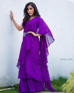 Rashmi Gautam Instagram - Outfit by @varahi_couture P.c @ravi_cross_clickx #rashmigautam #purple #fusionwear #sareefashion #readymadesaree