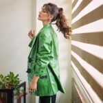 Rhea Chakraborty Instagram - 💚 #rhenew Styling : @theanisha 🧥: @cilvrstudio 👖: @houseofdk Makeup : @makeupbyrishabk Hair : @shefali_hairstylist.81 📸: @mahesh_bagzai