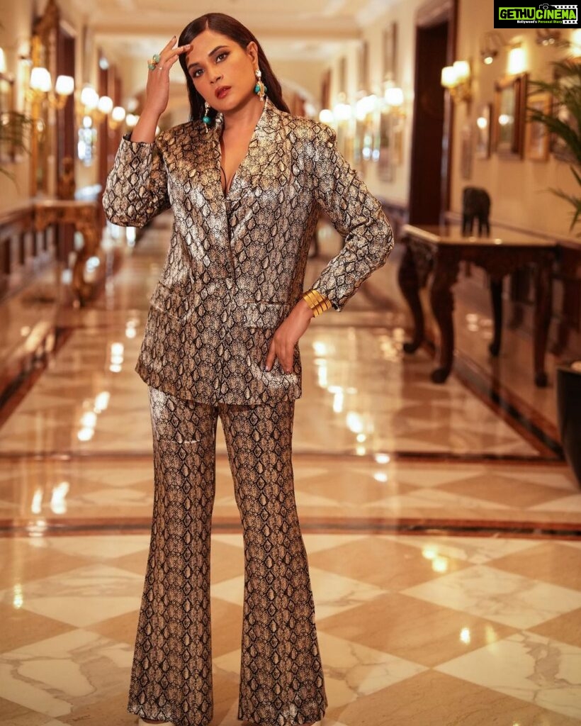Richa Chadha Instagram - The most fun part about promoting a film is that you get to dress like you wouldn’t irl … in this case, Bholi is one of the most iconic characters ever, so we are exploring the wild side, and having some fun with animal prints! This slouchy, shiny, snakeskin print pant suit made me feel like an 80s Hindi film villain ! 👖 🧥 @zara 💎 👂 💍 - @amamajewels Hand cuff- @ishhaara @ascend.rohank Styled by- @anishagandhi3 @rochelledsa HMU- @harryrajput @glazoschool and team @gurmukh_singh07 Assistant stylist- @_m.a.h.i._ 📸 @denyrajput #fashiongram #Fukrey3promotions #RichaChadha #BholiPunjaban #Funjaban #areyoustillreadingthis