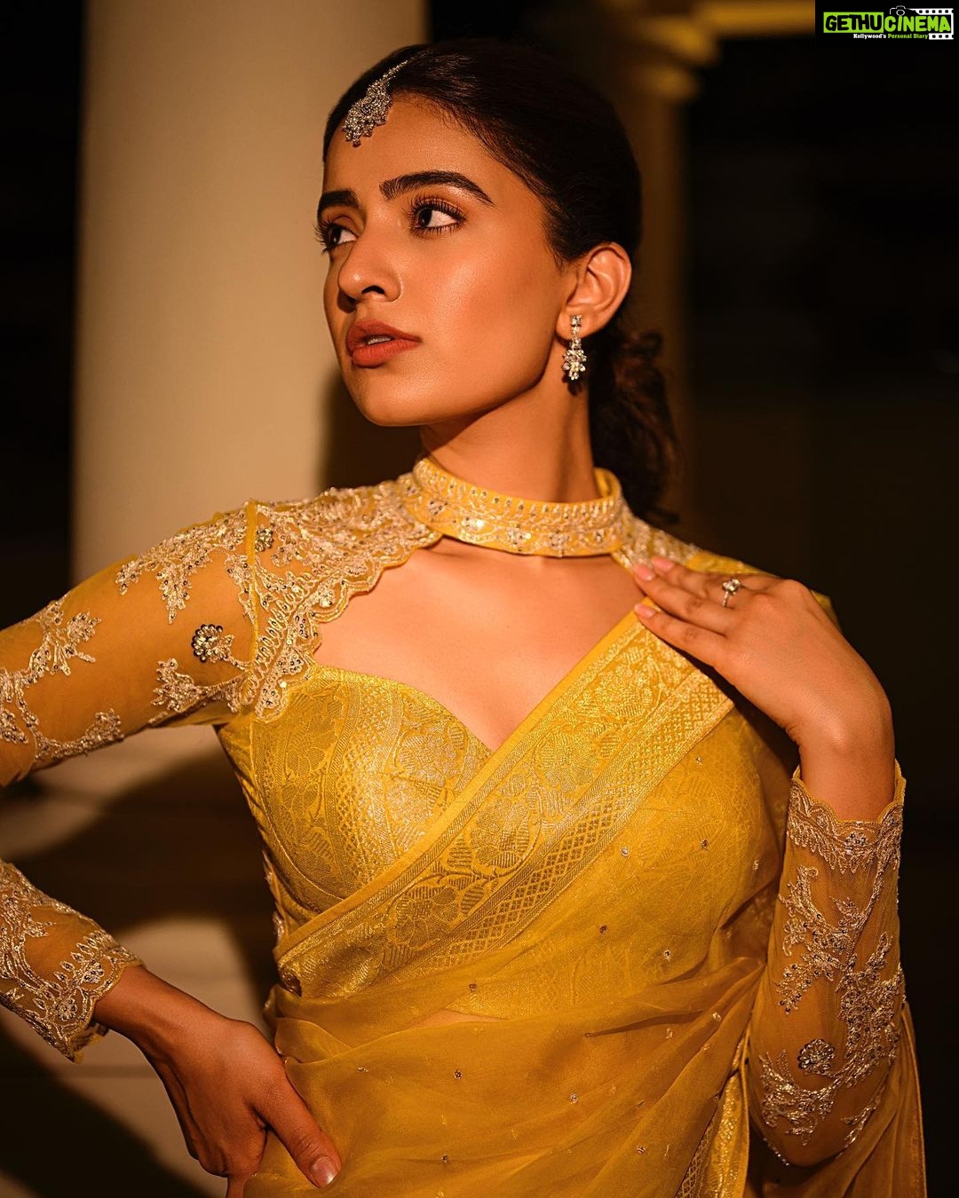 Rukshar Dhillon Instagram - A thousand yellow sparkles were shining that night!✨ Make up- A PROUD ME🥰 What do you guys think? Specially all my make up artists seeing this. How did I do?😃 Captured by- @arpitr93 (Love the pictures) Styled by- @bhargavikallam ♥️ Hair- @abhishekindu Wearing- @kavithaguttaofficial Jewellery- @karnikajewelshyd