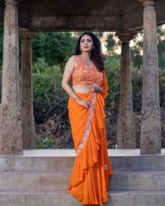 Sadha Instagram - #neethonedance show on @starmaa 🧡🧡🧡 Every Sat Sun @9:00 pm! 🤩💫 Stylist @harinireddym Designer @waterlilies_by_label_harshala Jewellery @kushalsfashionjewellery VC @prashanth_photo_graphy #sadaa #judge #danceshow #realityshow