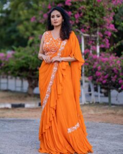 Sadha Instagram - #neethonedance show on @starmaa 🧡🧡🧡 Every Sat Sun @9:00 pm! 🤩💫

Stylist @harinireddym 
Designer @waterlilies_by_label_harshala 
Jewellery @kushalsfashionjewellery 
VC @prashanth_photo_graphy 

#sadaa #judge #danceshow #realityshow