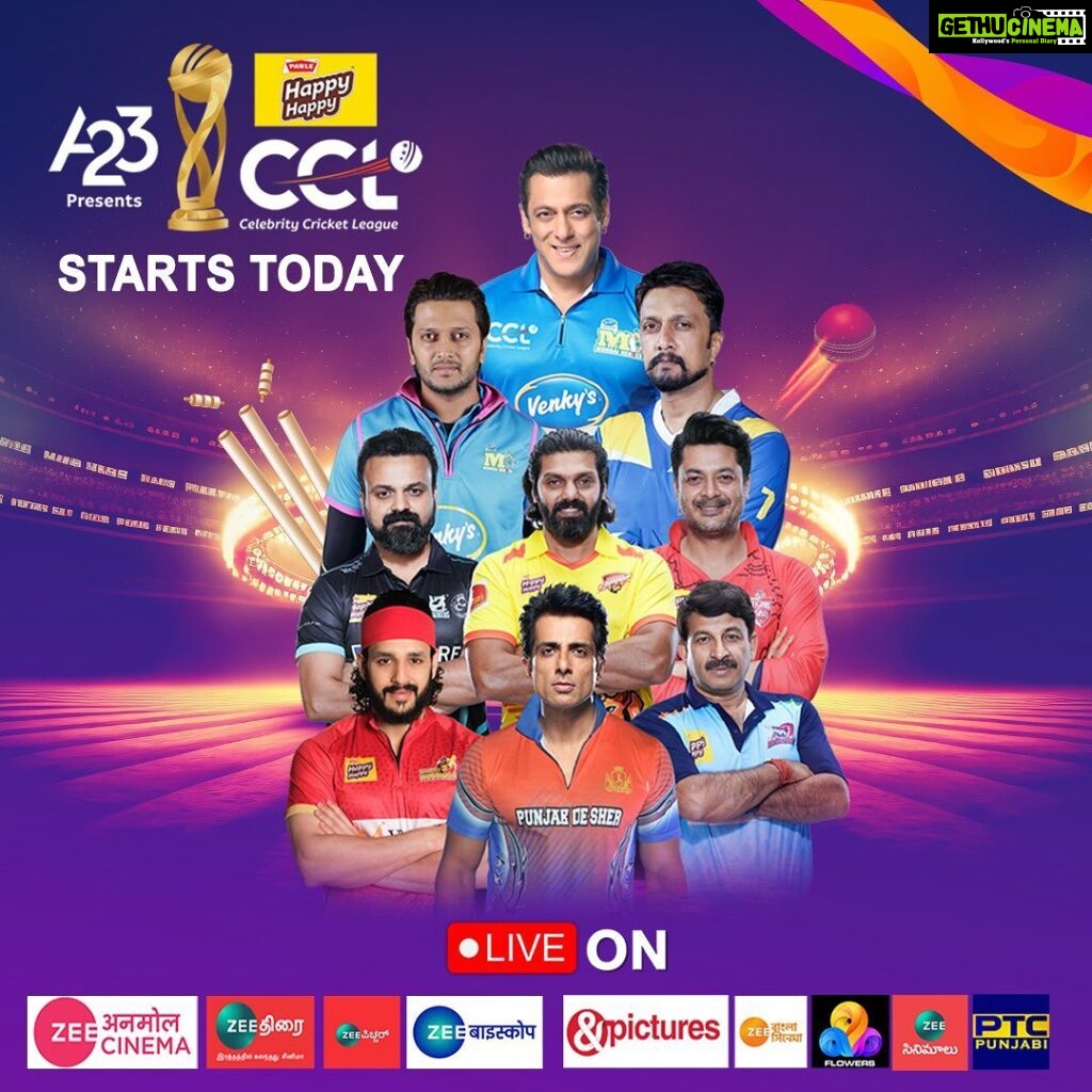 Salman Khan Instagram - So happy to see @cclt20 back in action. Celebrity Cricket League, the Biggest Pan India Sportainment Event starts Today. 8 Teams from 8 Languages, 5 Weekends, 19 Games, Live on 9 TV Channels. @cclt20 @zeecorporate #PunitGoenka #CCL2023 #CCLStartsToday…. Best Wishes to #MumbaiHeroes . .
