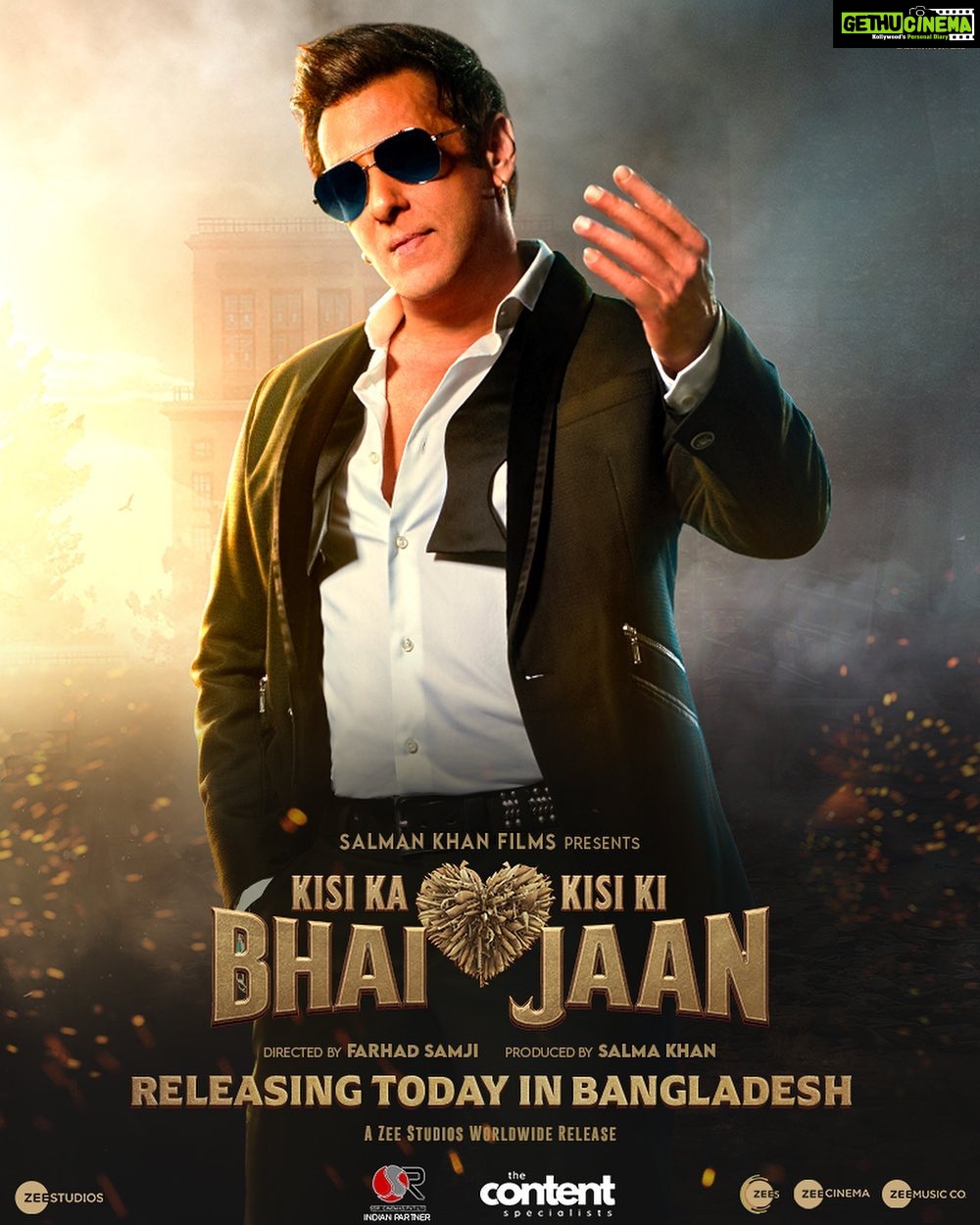 Salman Khan Instagram - #KisiKaBhaiKisiKiJaan releasing today in Bangladesh. Get ready for a full dose of action, fun and entertainment! @hegdepooja @venkateshdaggubati @farhadsamji @iamjaggubhai_ @bhumika_chawla_t @singhvijender #AbhimanyuSingh @raghavjuyal @jassie.gill @thesiddharthnigam @shehnaazgill @palaktiwarii @vinali_bhatnagar @ravibasrur @realhimesh @thesajidwajid @sukhbir_singer @thisisdsp @payaldevofficial @amaal_mallik @vmanikandandop @shamiraah28 @skfilmsofficial @zeestudiosofficial @zeemusiccompany