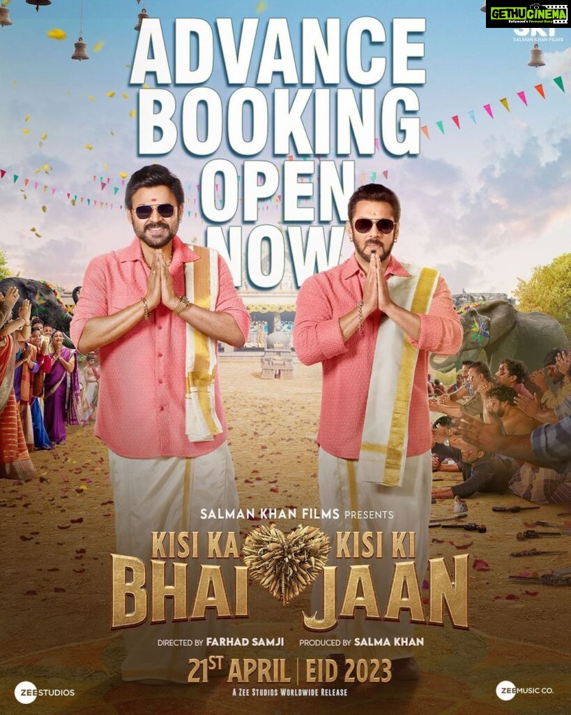 Salman Khan Instagram - Advance booking is now open for #KisiKaBhaiKisiKiJaan Grab your tickets now! See you in theatres on April 21st. (Ticket Booking Link in bio) @hegdepooja @venkateshdaggubati @farhadsamji @iamjaggubhai_ @bhumika_chawla_t @singhvijender #AbhimanyuSingh @raghavjuyal @jassie.gill @thesiddharthnigam @shehnaazgill @palaktiwarii @vinali_bhatnagar @ravibasrur @realhimesh @thesajidwajid @sukhbir_singer @thisisdsp @payaldevofficial @amaal_mallik @vmanikandandop @shamiraah28 @skfilmsofficial @zeestudiosofficial @zeemusiccompany