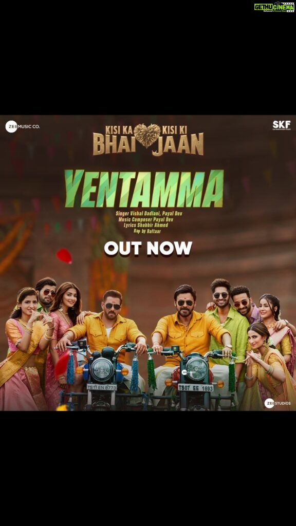 Salman Khan Instagram - #Yentamma song out now... @alwaysramcharan @hegdepooja @venkateshdaggubati @farhadsamji @vishaldadlani @payaldevofficial @raftaarmusic @shabbir_ahmed9 @alwaysjani @iamjaggubhai_ @bhumika_chawla_t @singhvijender #AbhimanyuSingh @raghavjuyal @thesiddharthnigam @jassie.gill @shehnaazgill @palaktiwarii @vinali_bhatnagar @vmanikandandop @shamiraah28 @skfilmsofficial @zeestudiosofficial @zeemusiccompany