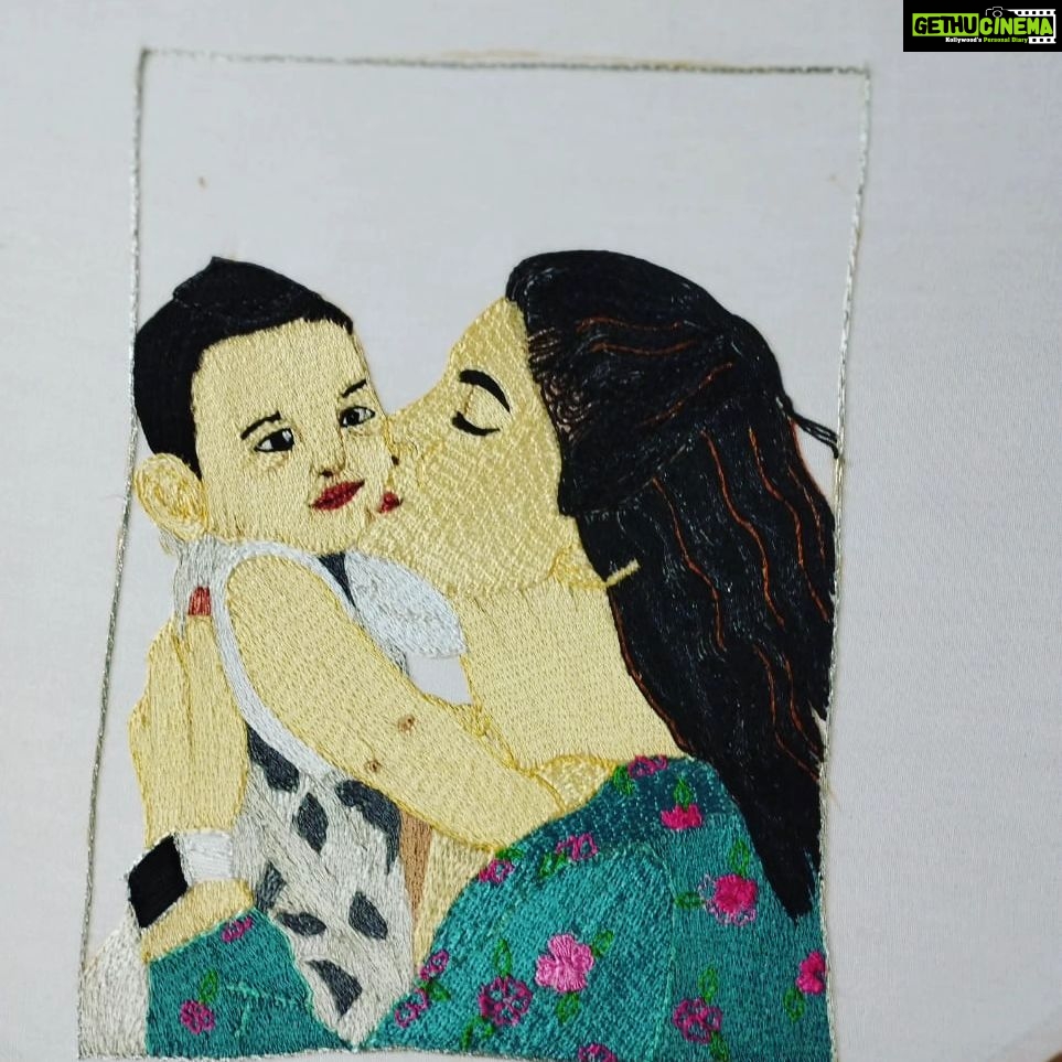 Sameera Sherief Instagram - Tried a human potrait of mom nd son💞 #aariwork work @sameerasherief