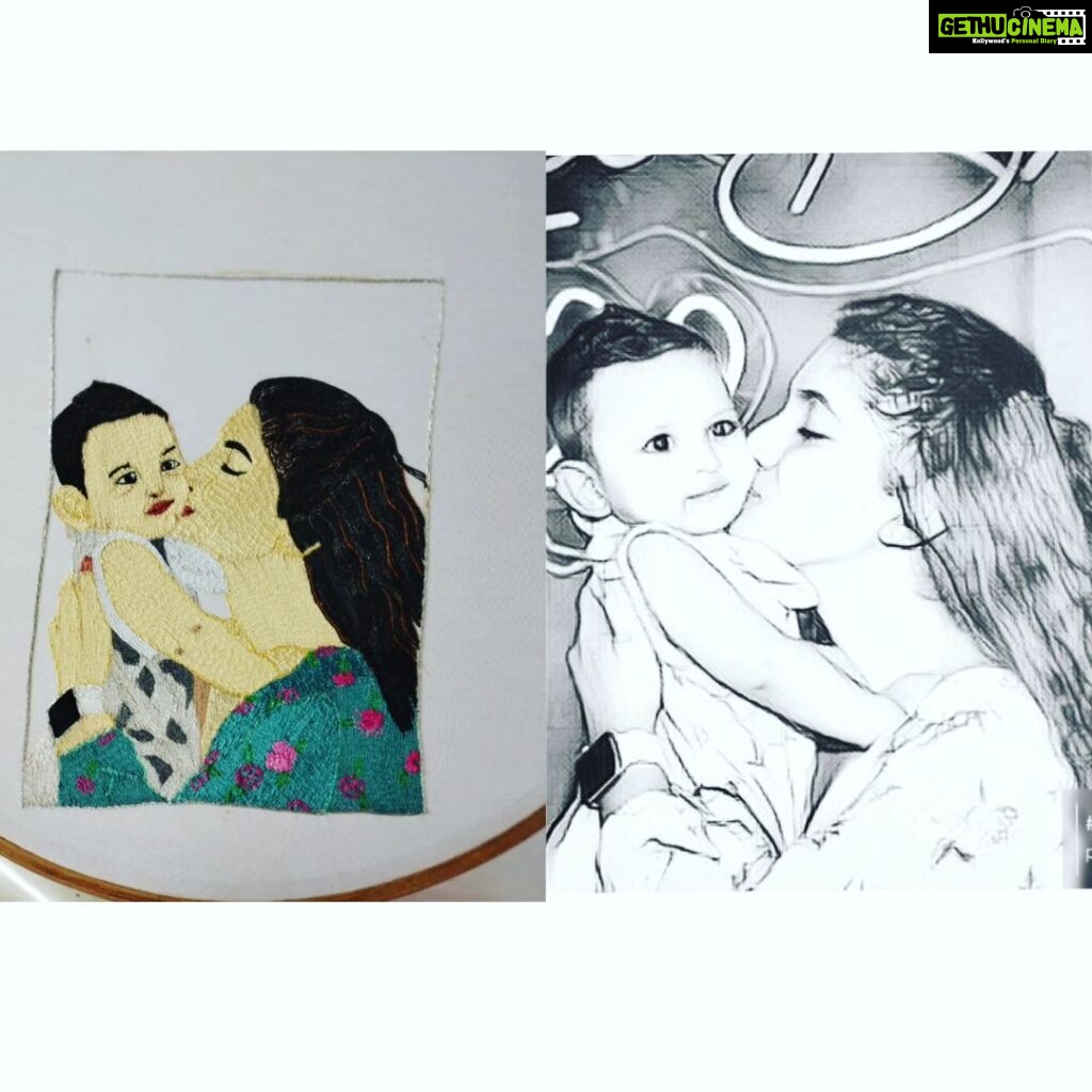 Sameera Sherief Instagram - Tried a human potrait of mom nd son💞 #aariwork work @sameerasherief
