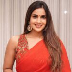 Samyuktha Shanmughanathan Instagram - Ready in red ♥️ Outfit : @zol_studio PC : @b_u_v_a_n