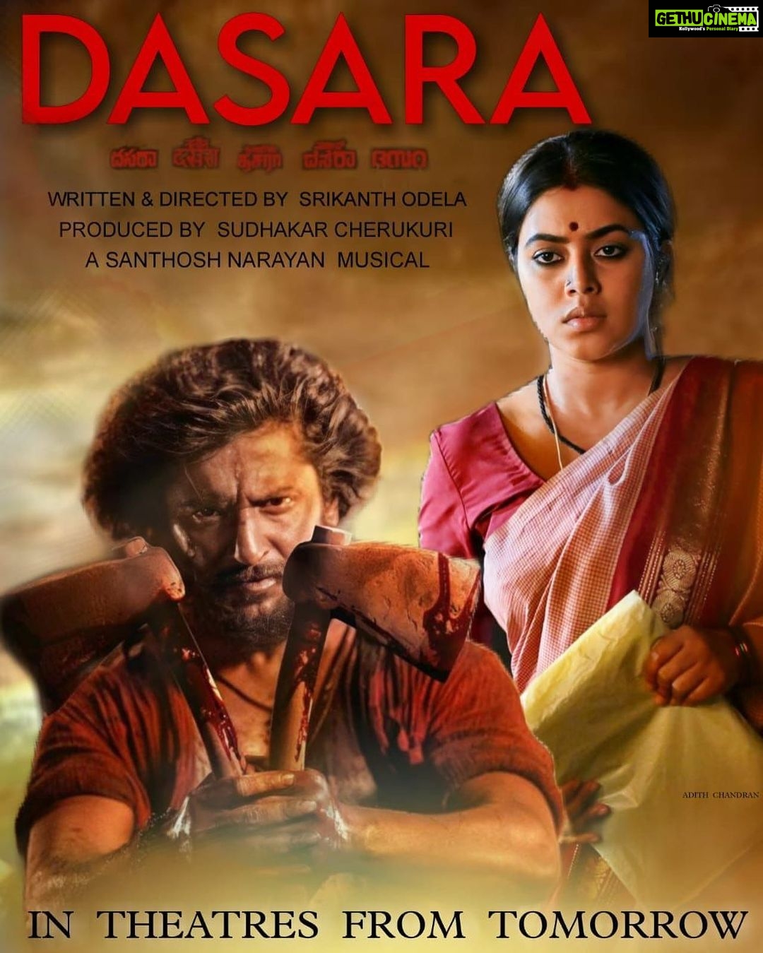 Shamna Kasim Instagram - The wait ends in a few more hours 🔥 #Dasara in cinemas from tomorrow worldwide 💥🔥 Book your tickets for #Dasara now! - https://linktr.ee/DASARATickets Natural Star @NameisNani @keerthysureshofficial @dheekshithshettyofficial @shinetomchacko_official @srikanthodela__ @musicsanthosh @navinnooli @sathyansooryan.isc @real_satish_official7 @shyamkasarlalyrics @slv_cinemas @saregamatelugu
