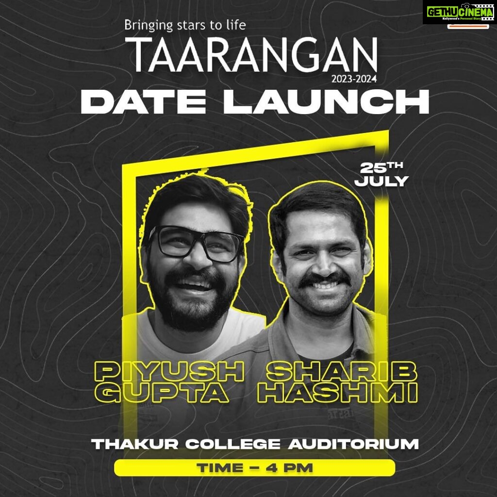 Sharib Hashmi Instagram - A dream duo is on their way to the TCSC auditorium🤩 Piyush Gupta, the directorial influence of today’s media personnel💥 along with Sharib Hashmi, the multifaceted actor, writer and director🌟 Their works have been revered from Bhootnath to Filmistaan - their worlds now collide over “Tarla”💘 Team Taarangan is thrilled to welcome them on the 25th of July at 4 PM at the TCSC auditorium☺️The clock is ticking⏱️ we hope to see you there🥰💞 #Taarangan #16saalbemisaal #16YearsOfTaarangan #BringingStarsToLife