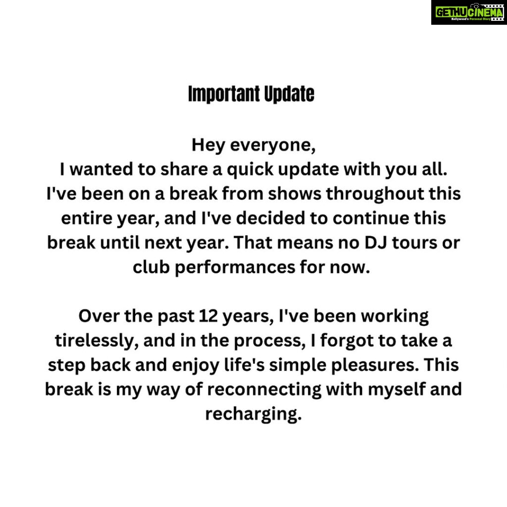 Shilpi Sharma Instagram - Important Update Hey everyone, I wanted to share a quick update with you all. I've been on a break from shows throughout this entire year, and I've decided to continue this break until next year. That means no DJ tours or club performances for now. Over the past 12 years, I've been working tirelessly, and in the process, I forgot to take a step back and enjoy life's simple pleasures. This break is my way of reconnecting with myself and recharging. Rest assured, I'll be back after one year to rock the shows with even more energy and passion. In the meantime, I'll keep entertaining you with new remixes, collaborations, and fresh music. There are exciting projects on the horizon, and I can't wait to share them with you all. This break is a chance for me to recharge, reinvent, and come back even stronger. To everyone who has been reaching out for club shows, weddings, and corporate events, I sincerely apologize for declining your offers. It hasn't been easy for me to say no, but I truly appreciate your support. Stay tuned for some exciting things coming up, and thank you all for being a part of this incredible journey with me. Cheers, Shilpi Sharma 🙏 #DJLife #TakingABreak #StayTuned #djshilpisharma #dj #shilpisharma