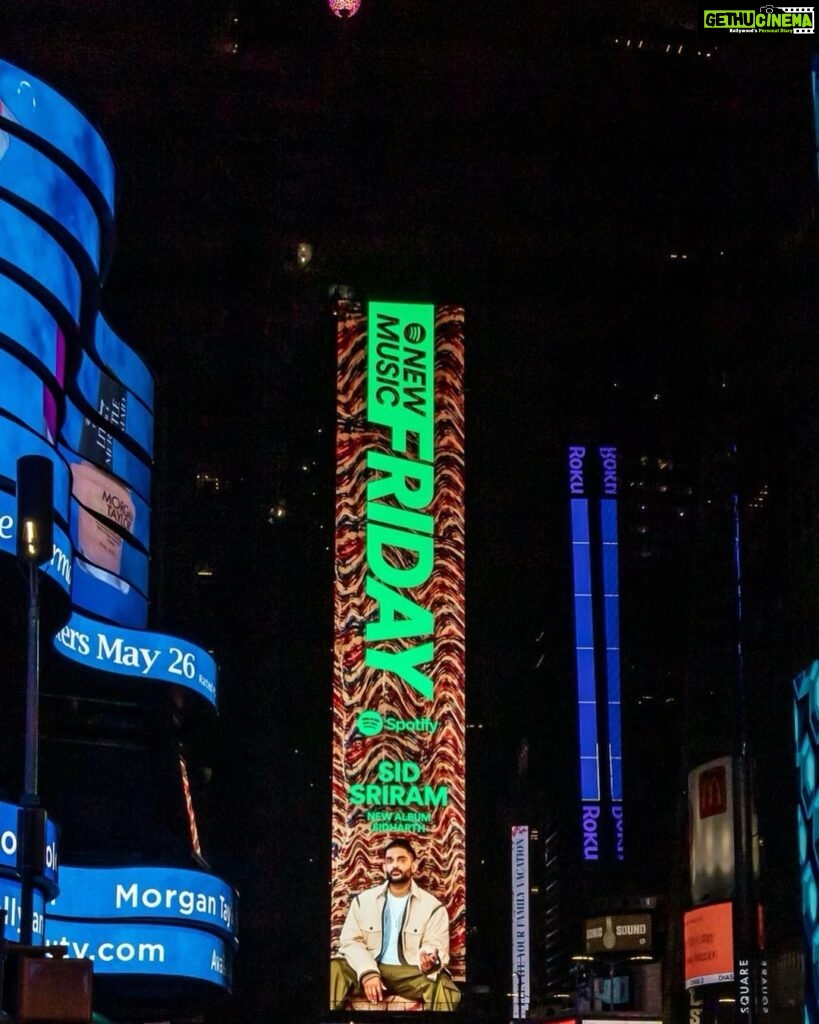 Sid Sriram Instagram - Check out the SIDHARTH album on @spotify’s New Music Friday Dope to see this Billboard in Times Square in NYC Love to everyone who’s spinning the album, comment your fav song so far! And keep spinning (stream link in bio) @mikehamiltonjr @arsononly @ahmedklink @kwasikessie All love, no hate