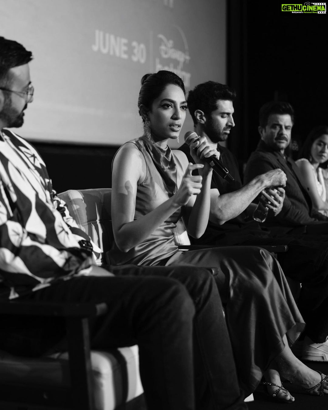 Sobhita Dhulipala Instagram - Press conference for #TheNightManager in Mumbai ki बारिश wearing Kaveri-blue 💙🩵🤍 Out in 2 daaaaaays!