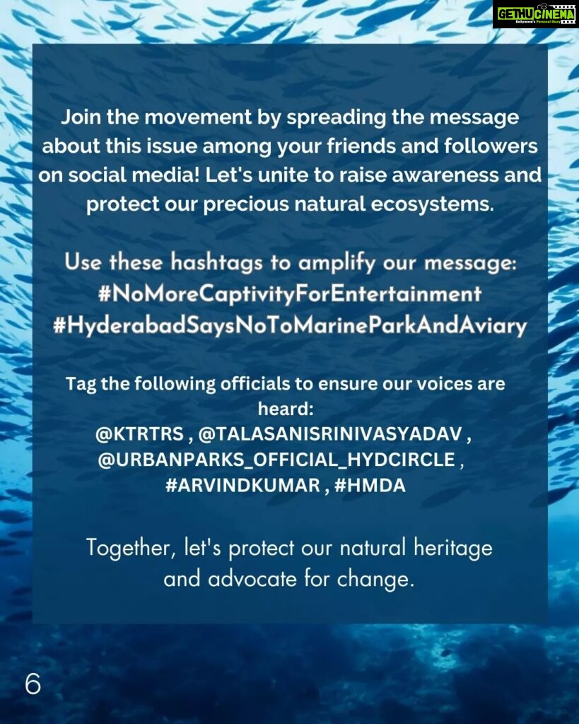 Sri Divya Instagram - Dear Hyderabadi's, As the scorching sun beats down on us and we anxiously await water tankers due to the dried-up groundwater, another challenging situation looms before us. The HMDA's plan to establish India's largest marine park and aviary right here in Hyderabad carries far-reaching negative impacts, not only for us but also for the health of our oceans and the planet as a whole. We urge you to take a moment to educate yourselves about this matter and actively share the information with your friends and family. It is of utmost importance that we understand the potential consequences of this project. Our future and the well-being of our children are at stake. Let's unite to protect our environment, secure a sustainable future, and reject the establishment of such facilities. Join us in raising awareness with the hashtags #HyderabadSaysNoToMarineParkAndAviary and #NoMoreCaptivityForEntertainment.  Tag the following officials to ensure our voices are heard: @KTRTRS , @TALASANISRINIVASYADAV ,  @URBANPARKS_OFFICIAL_HYDCIRCLE ,  #ARVINDKUMAR , #HMDA Thank you in advance for your attention and support. *There was a technical error in the calculation of water required for paddy crop. However, the amount of water is substantial as it can produce up to 3000-5000 kilograms of millets or 1500-3000 kilograms of wheat, there can be more such examples. Considering water as a precious resource, we should refrain from wasting it on such facilities and instead utilize it for more essential and meaningful purposes. #KothwalgudaEcoPark #Hyderabad #HyderabadNatureLovers