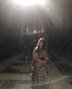 Swathi Reddy Instagram - These pics are not edited. That’s the setting sun shining through the gorgeous glass ceilings. Visiting the St. Peter's Basilica was an overwhelming experience. I was standing there in awe of the place, the power it holds and noticing the faces of the light Sunday crowd when I heard her say, “Don’t move, don’t move, I have to capture this”. Got lucky and posed.

Back to the faces..everybody is struggling. The ones you know and the ones you don’t. Now that is a deeply understated bond we all share.