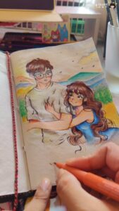 Swathi Reddy Instagram - Can I keep you forever? ꈍ .̮ ꈍ? // As soon as I heard this sweetest track from #monthofmadhu and saw @swati194 dee's sketch, I immediately decided to draw my own oc couple like lekha drew for madhu. And here's it. ˶ᵔ ᵕ ᵔ˶ *Used watercolor pencils for the first time ever (luckily gifted by @swati194 in 2019 I guess ˙=͟͟͞♡) #art #pencilsketch #couple #love #artist #sketch