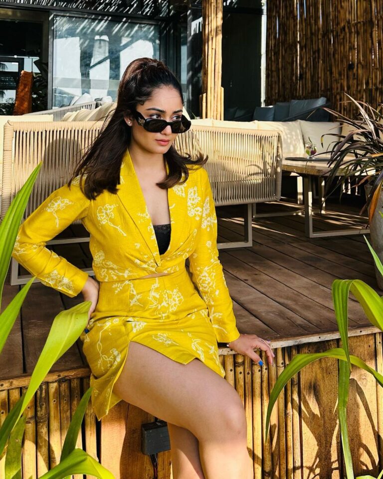 Tridha Choudhury Instagram - Not your sunflower ….🙃🌻 Wearing @varnikasangoi 🌻 Styled by @intriguelook 🌻 #resortwear #springfashion #springday #springsummer #springsummercollection #stylewithtridha #beachholiday #beachfashion