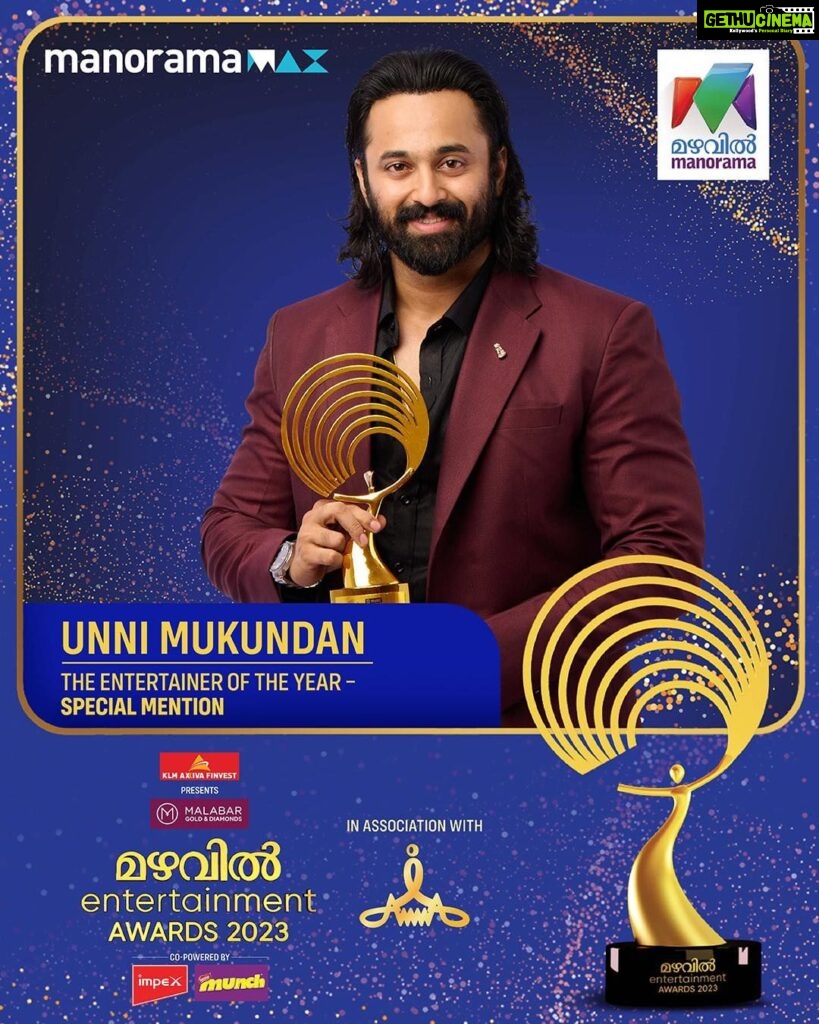 Unni Mukundan Instagram - Thank you Mazhavil Entertainment Awards 2023 for the recognition and dear Jayaram etta for the humbling words! ❤️🙏